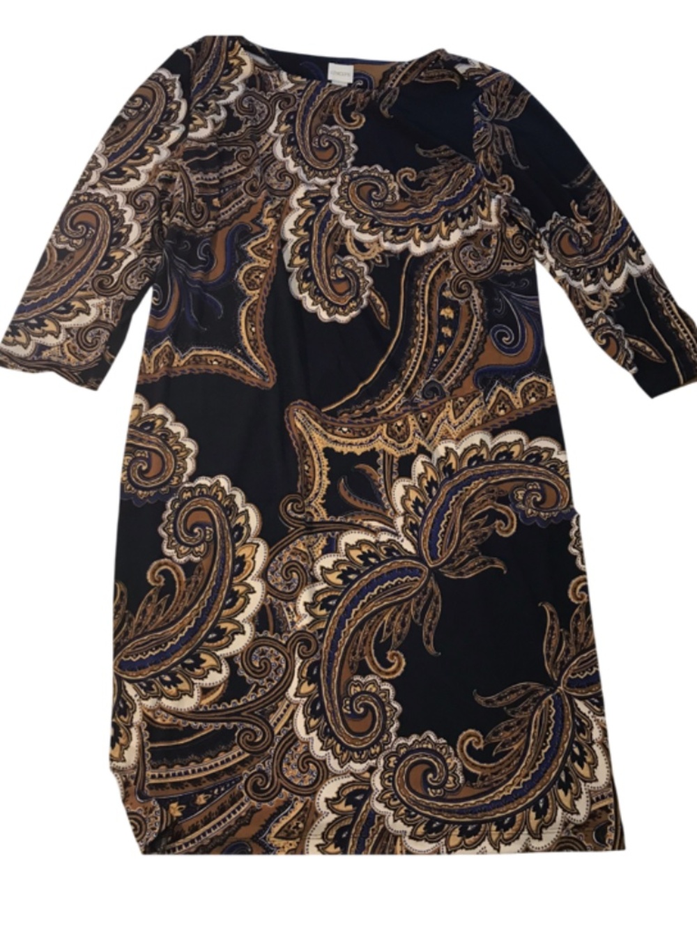 Chico's Paisley Dress with Camel and Navy Blue Accents Size 2W